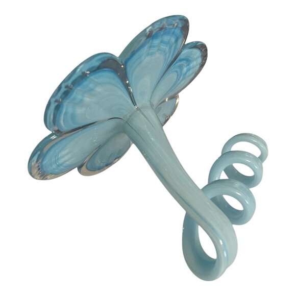 Hand-Blown Art Glass Flower Sculpture – Blue & White Swirl – Curling Stem 7" - Picture 7 of 7